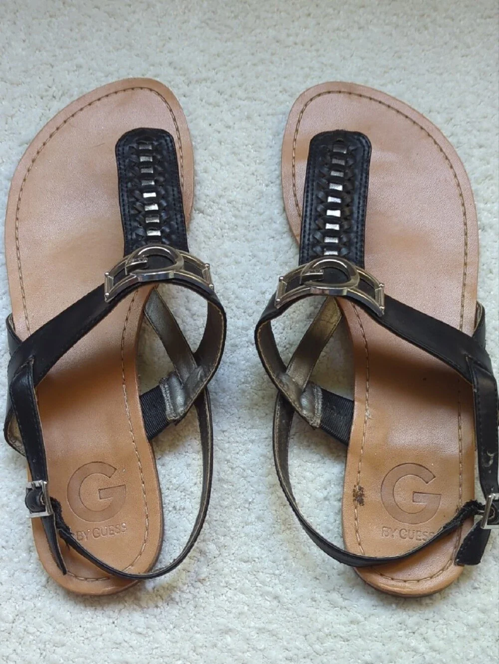 G by Guess Brown and Black T-Strap Sandals with G Hardware
